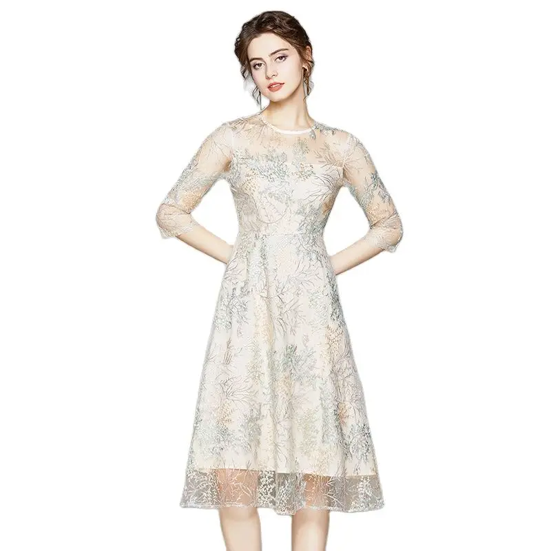 

Fashion Lace Embroidered Dress Women High Waist Slim Temperament See Through Sleeves Zipper Summer Midi Clothes Apricot