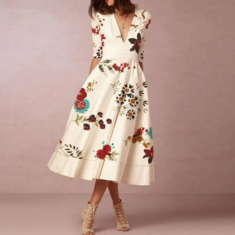 

2021 Summer Dress Women Casual V Neck Floral Print Short Sleeve Beach Elegant Sundress Holiday Ladies Dresses Vestidos Plus size