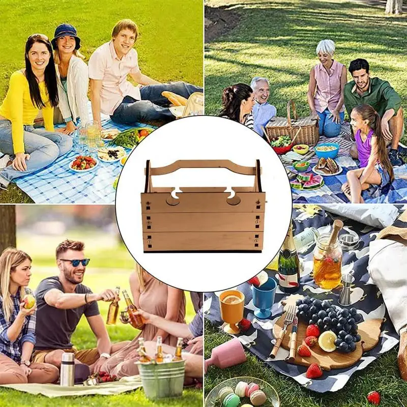 

2021 Newest Outdoor Portable With Wooden Table Party Folding Table Convertible Storage Wooden Basket Household Tools
