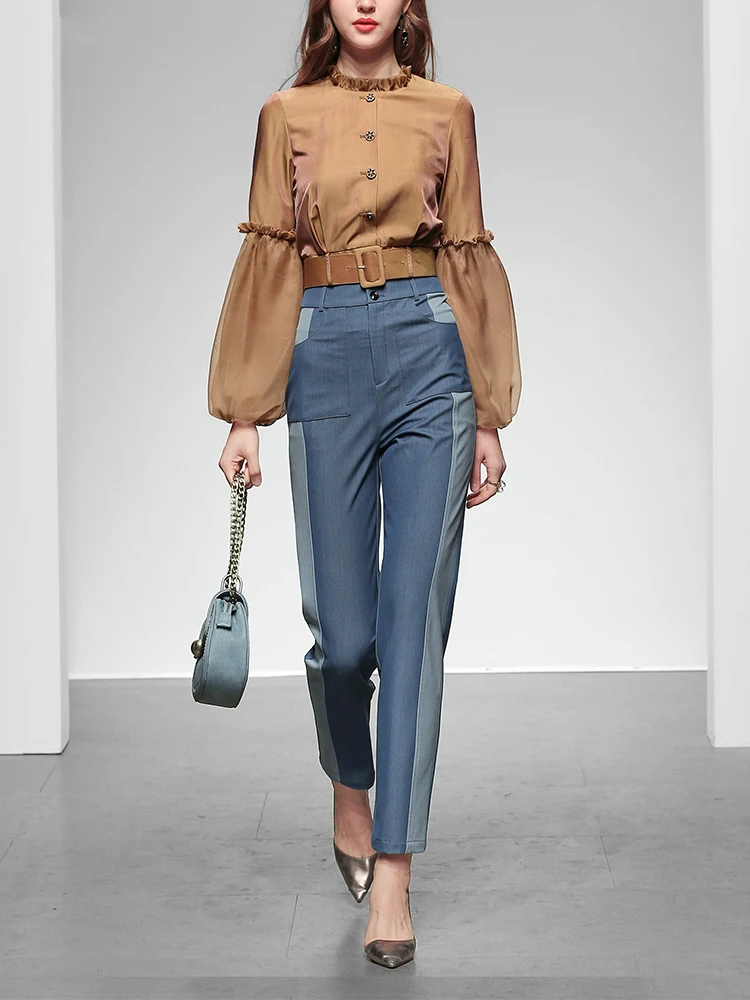 Женский элегантный комплект из двух предметов блузка с воротником стойкой и