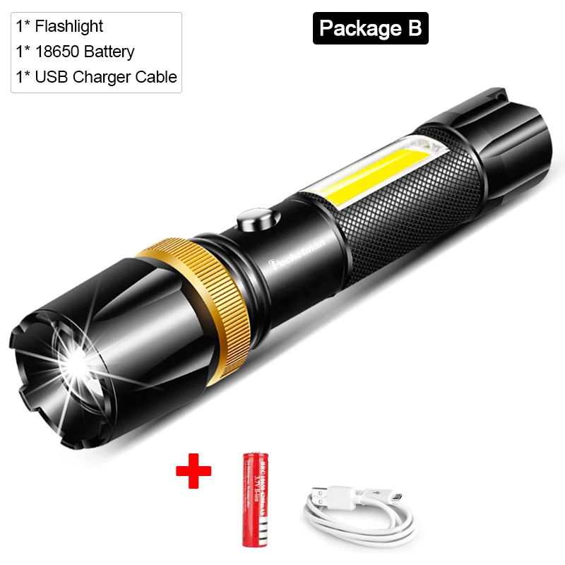 Package B Мощный светодиодный фонарь L2/T6 COB Светодиодный фонарь с подзарядкой от USB, водонепроницаемый фонарь с usb-кабелем, аккумулятор 18650 - Испускаемый цвет: Package B