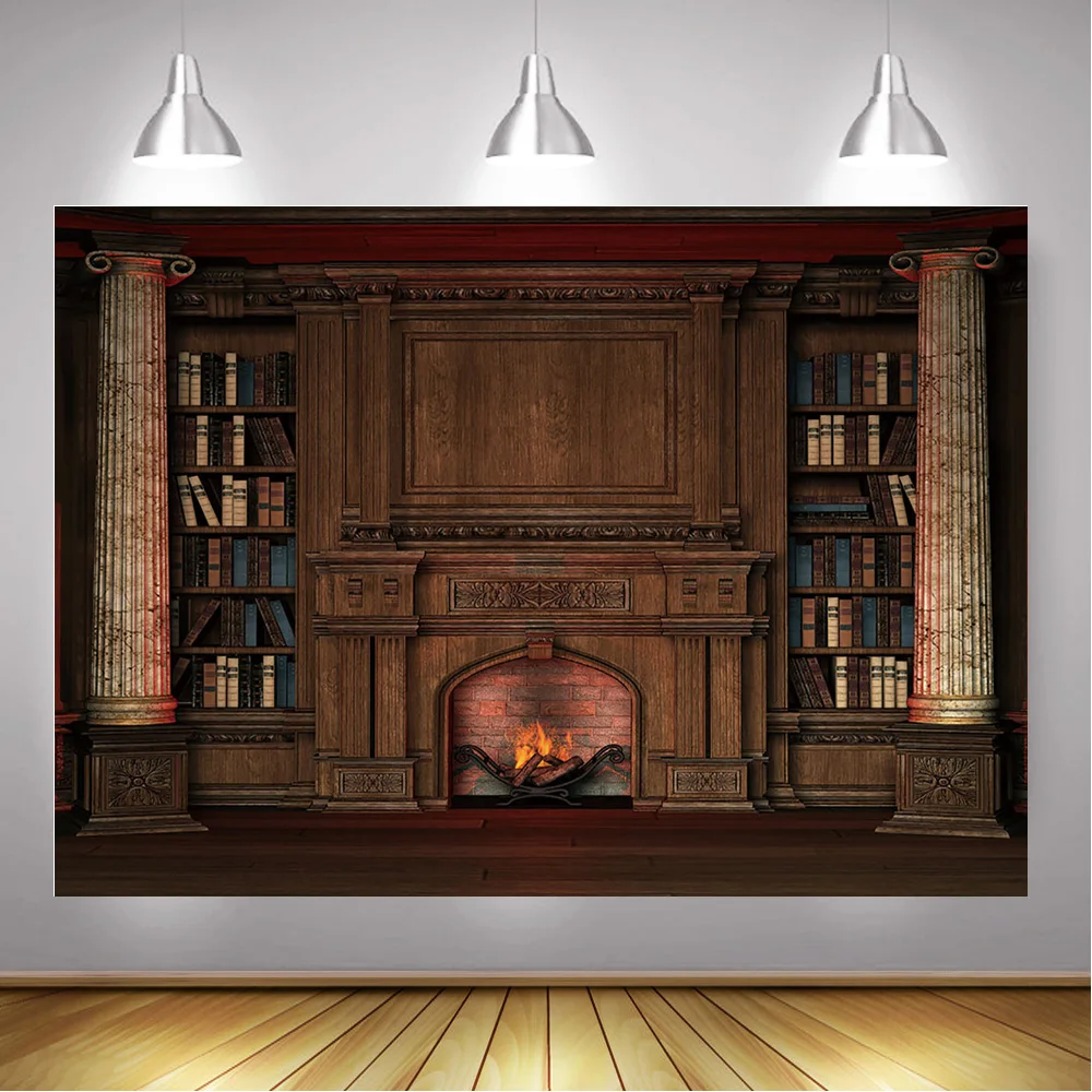 Камин деревянный фон-книжная полка для фотостудии библиотеки дворца фон