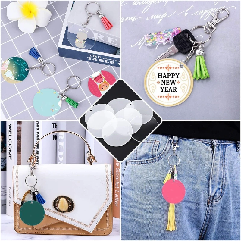 

72XE 30 Pcs Acrylic Transparent Circle Discs Key Chains Clear Round Keychain Blanks Tassel Pendant Keyring for DIY Crafts