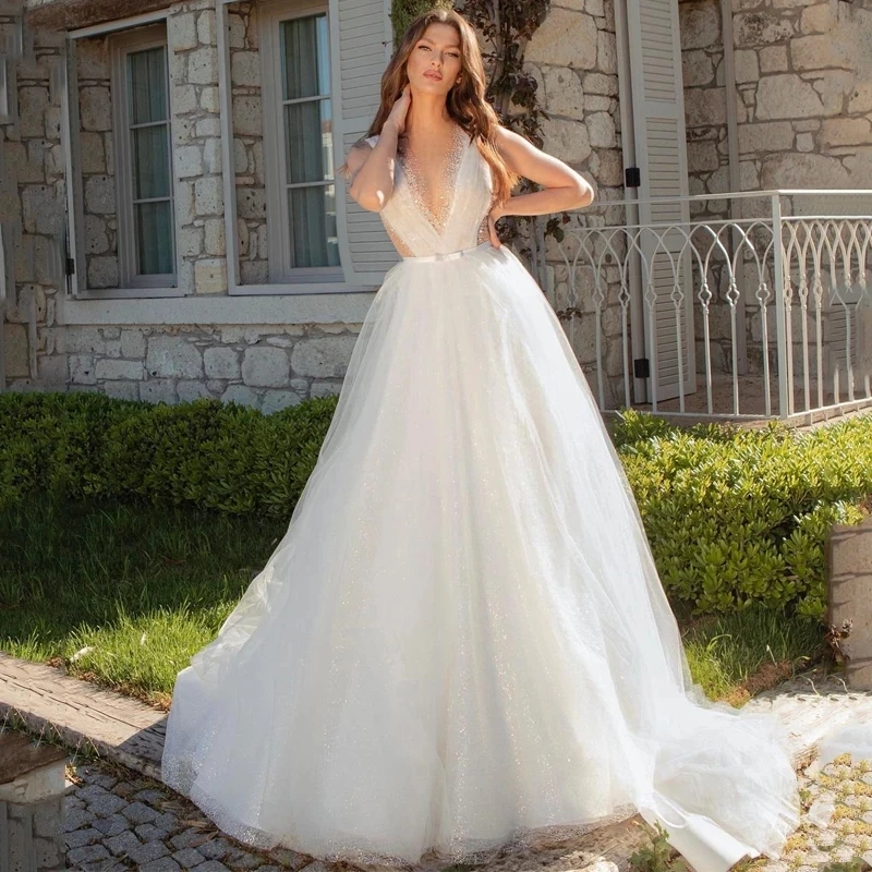 

HAMMAH 2022 новый изящный Блестящий тюль принцесса с открытой спиной V-образный вырез Иллюзия длина в пол ТРАПЕЦИЕВИДНОЕ свадебное платье для то...