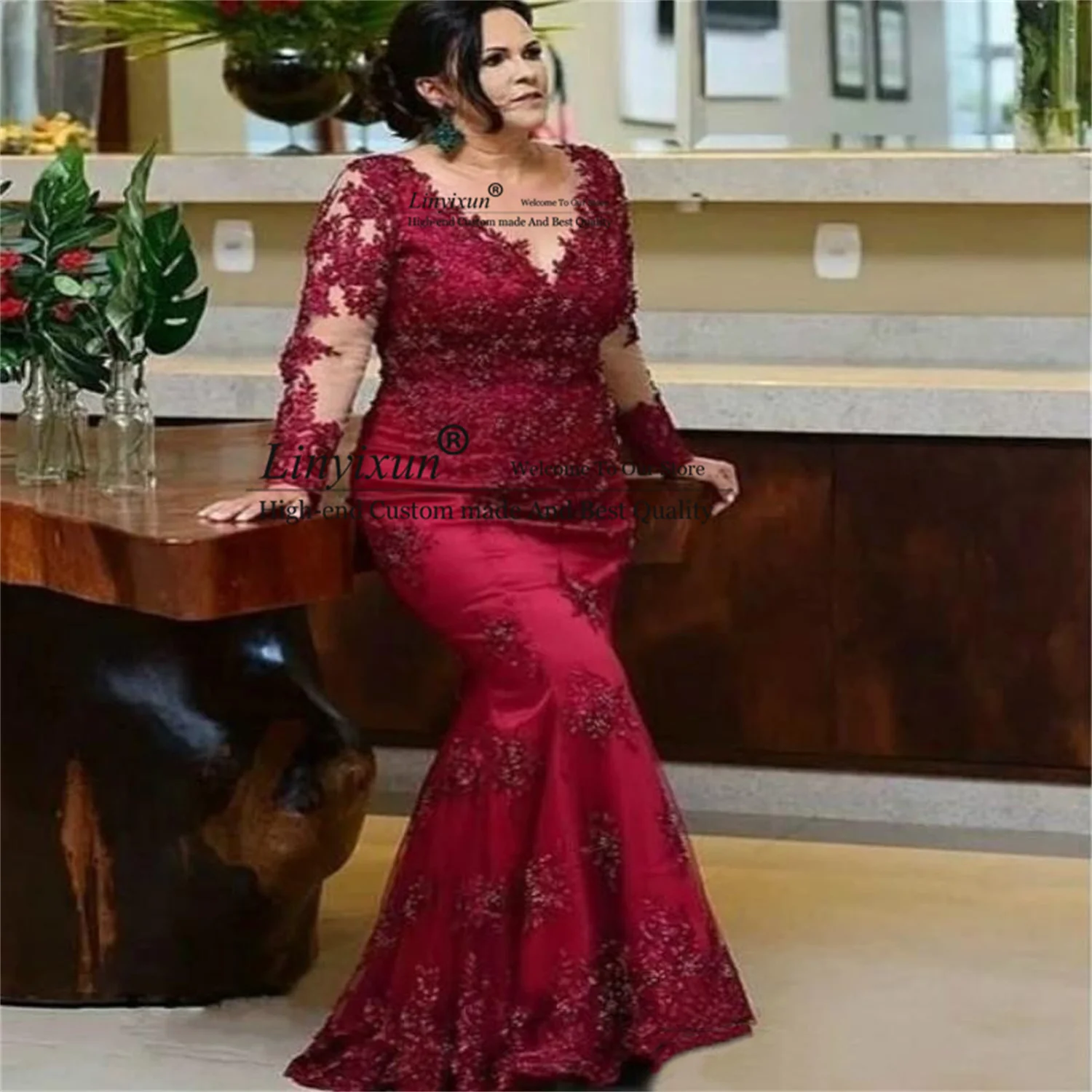 Vintage Burgundy Long Sleeves Mother of The Bride Dresses 2022 Plus Size Lace Beaded Sequin Evening Red Carpet Formal Prom Gowns