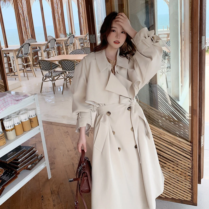 

new arrival loose Office lady fresh long trench fashion high quality cute elegant vintage Double breasted ol autumn long jacket