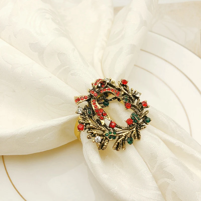 

12Pcs High-Grade Christmas Tree Napkin Ring Bow Flower Wreath Mouth Ring with 6Pcs Gold Deer Head Napkin Buckle