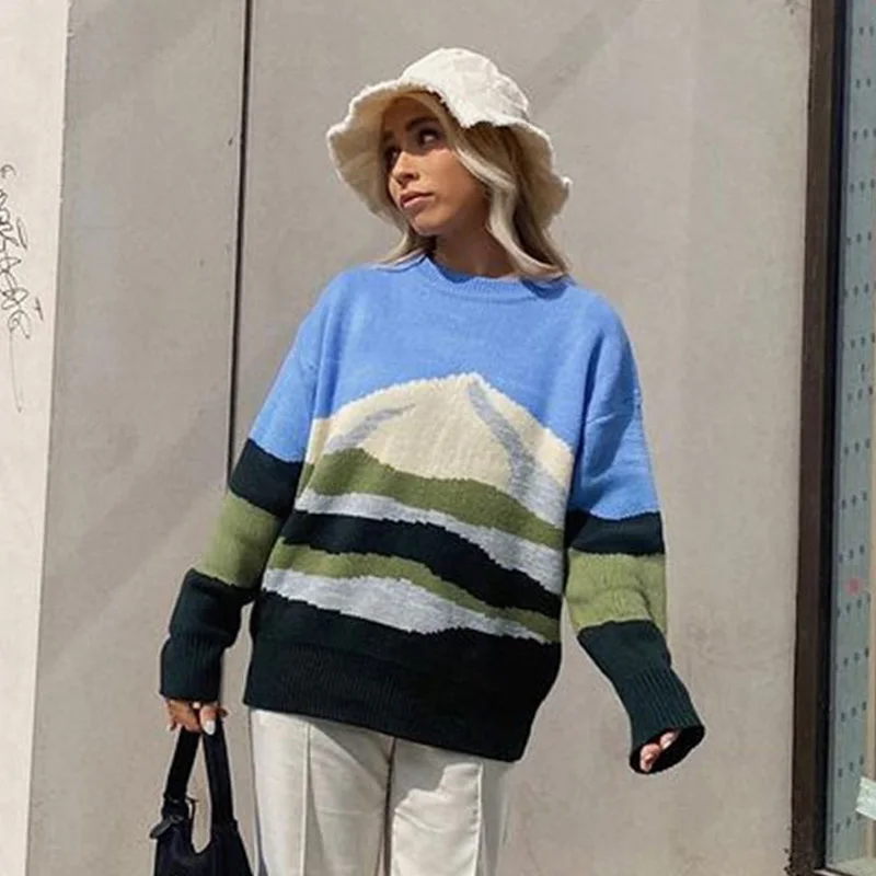 

Women Sweater Color Block Autumn Winter Pullovers Ladies Knitwear Loose Long Sleeve Fashion Knitted Sweaters Girls