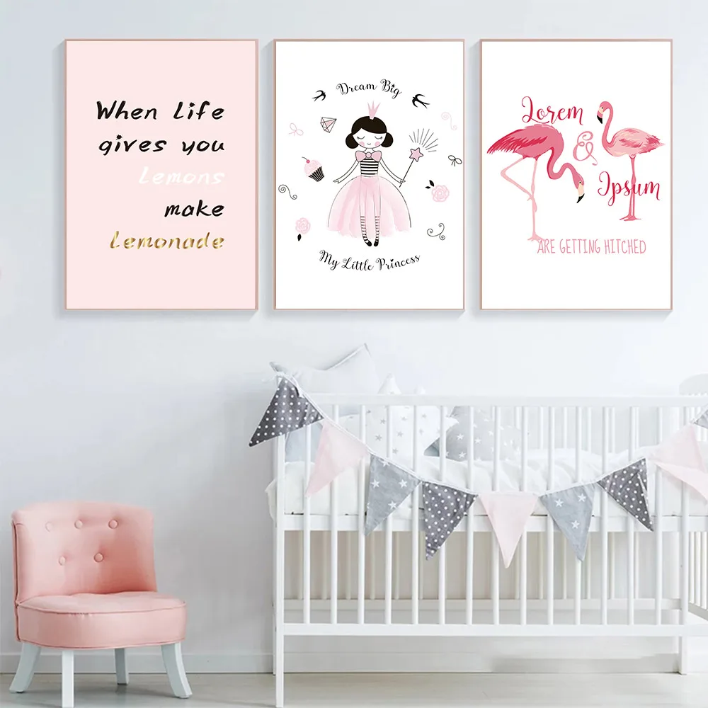 

Abstract Flamingo Princess Wall Art Poster Quotes Art Prints Cake Diamond Flower Canvas Painting Nordic Pictures Girl Room Decor