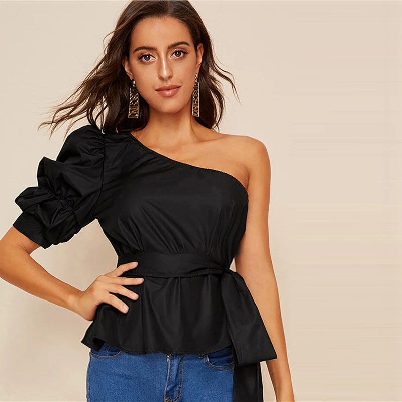 SHEIN Однотонный Топ На Одно Плечо С Пышными Рукавами И Поясом Женская Летняя Белая Элегантная Блузка С Средним Рукавом