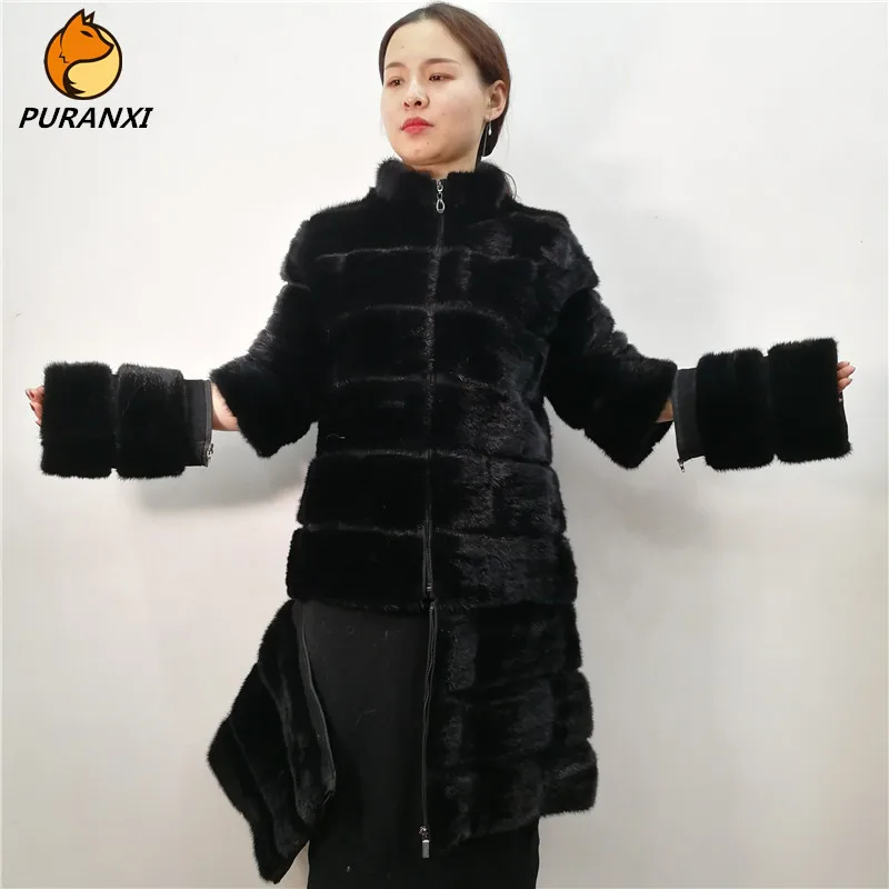 Женская шуба из натурального меха норки зимняя длинная черного цвета теплая