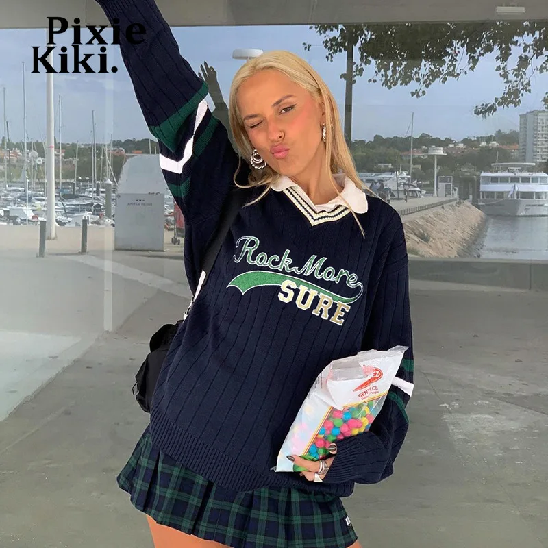 

PixieKiki Y2k винтажный вязаный свитер в стиле преппи с Вышивкой Букв V-образным вырезом с длинным рукавом вязаный Топ женские пуловеры