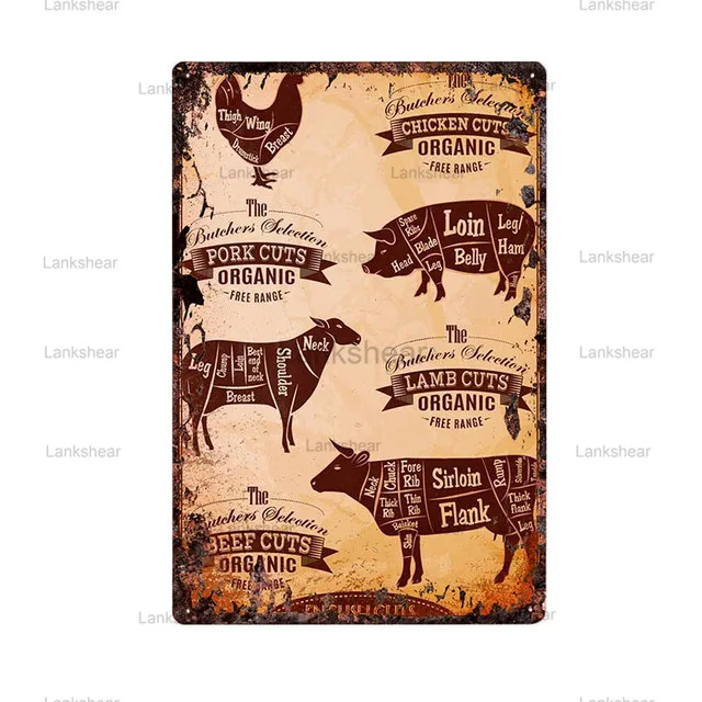 

Restaurant Kitchen Retro Metal Tin Sign Beef Pig Duck Meat Vintage Metal Plate Collection Guide Art Poster Metal Plate Kitchen