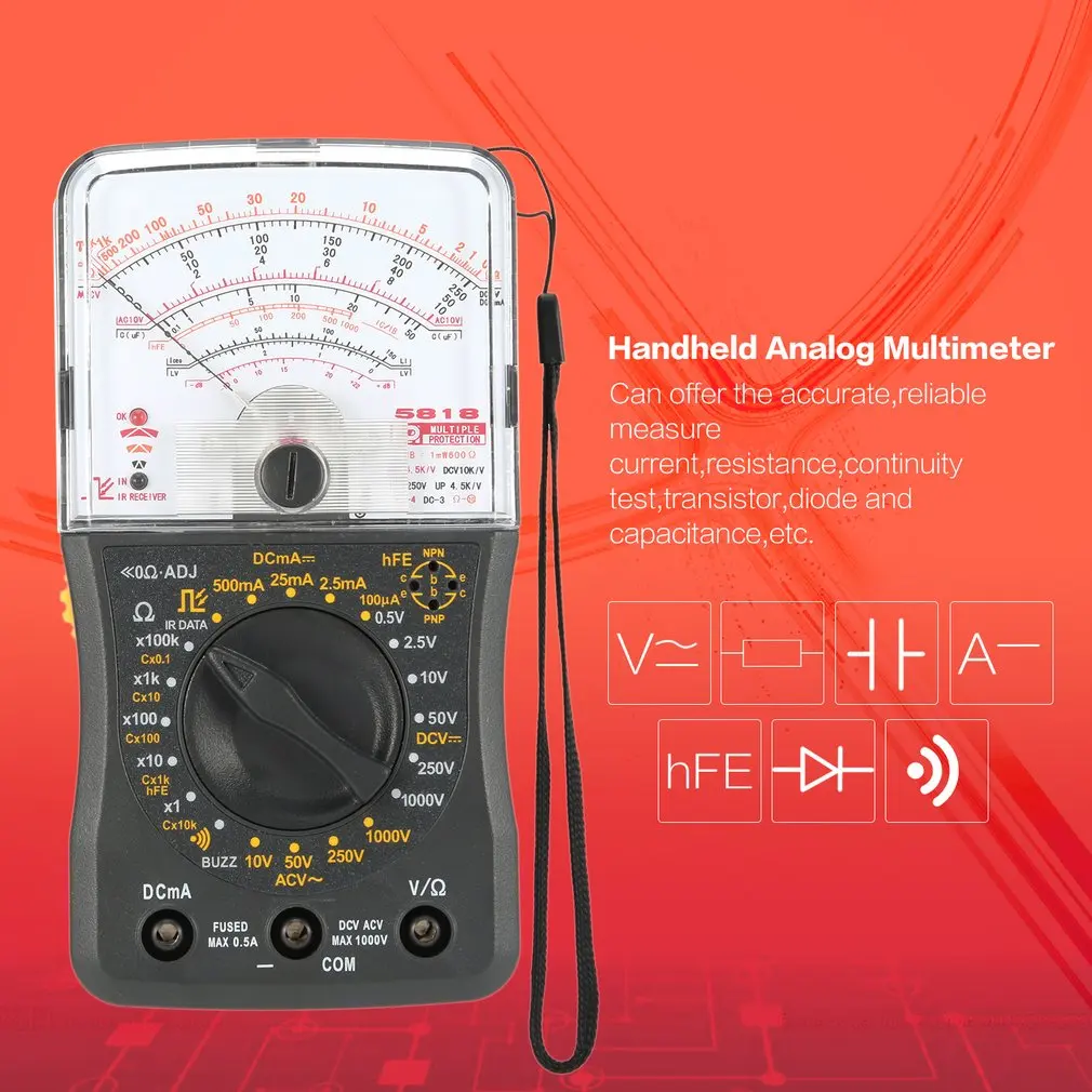 

Mini Handheld Analog Multimeter AC Voltmeter Ammeter Resistance Continuity Capacitance Fuse & Diodes Tester
