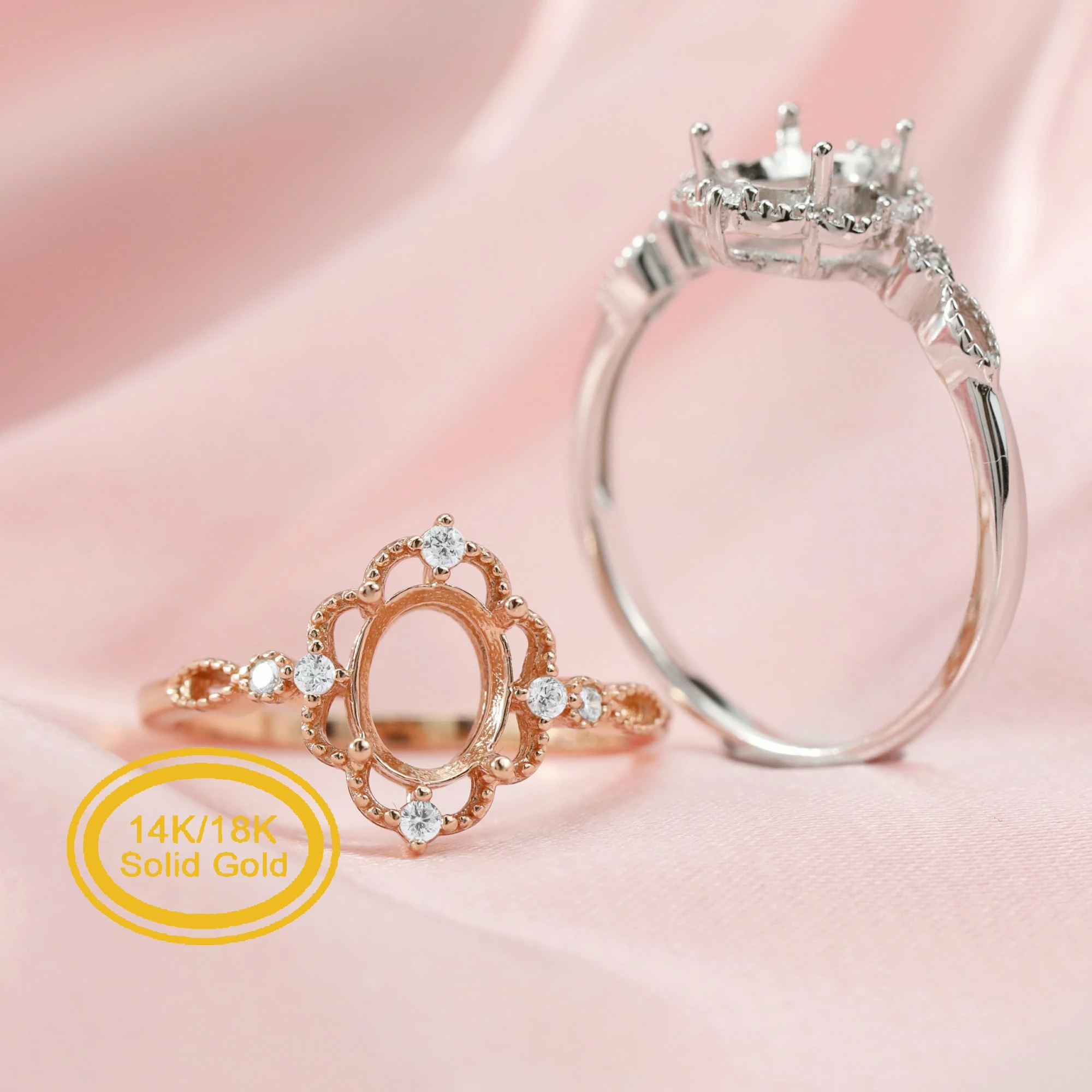 Овальное кольцо с зубцами Твердое 14 К/18 К розовое Белое золото муассанитовыми