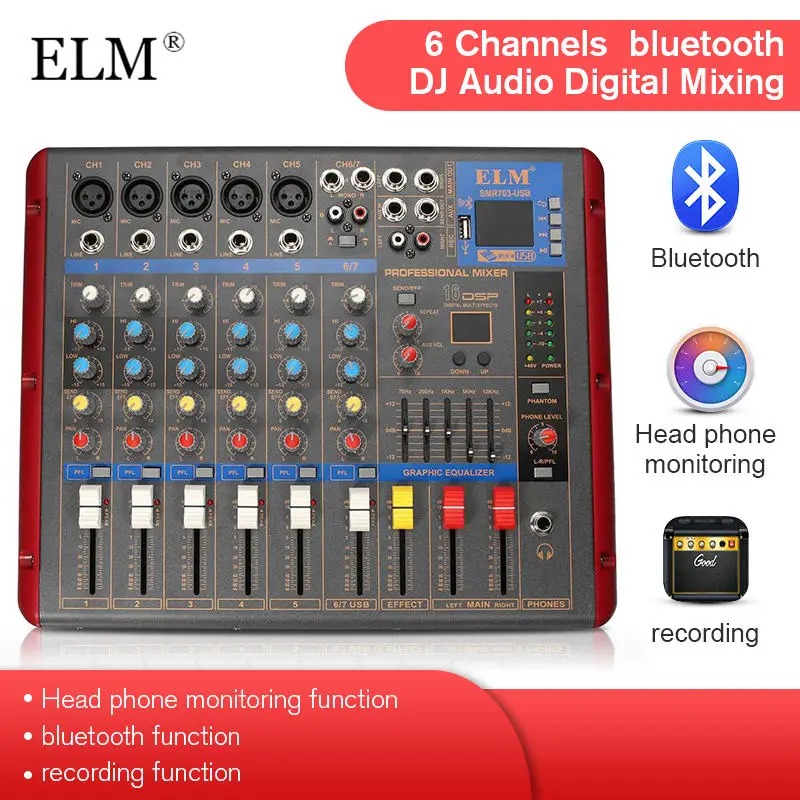 ELM высококачественный профессиональный звуковой микшер 6 каналов с bluetooth USB DSP DJ