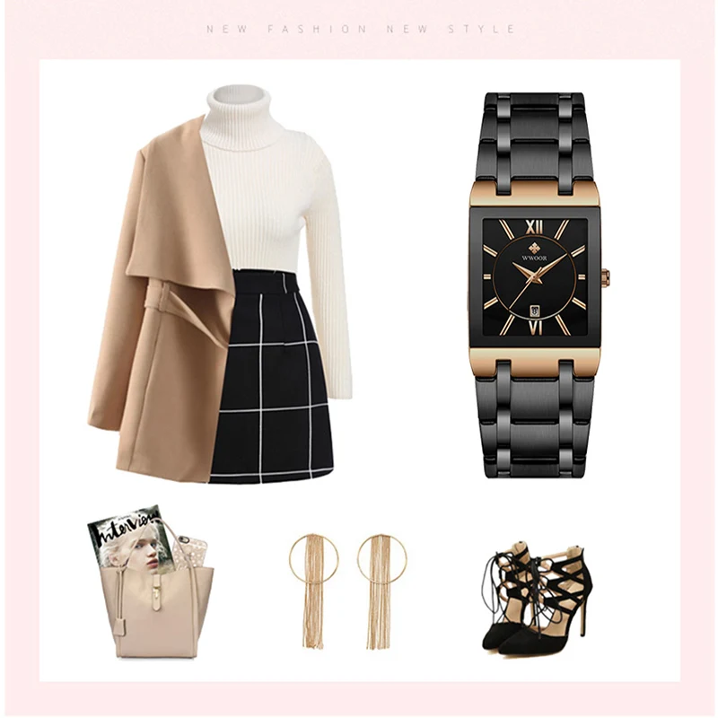 WWOOR NEW Watch For Women Classic Top Brand Luxury Gold Square Waterproof Watches Quartz Stainless Steel Wrist Watch Reloj Mujer
