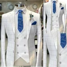 Мужские белые костюмы 3 шт., свадебный смокинг с узором в клетку, одежда для вечеринки, красивые костюмы на заказ, пальто + жилет + белые брюки