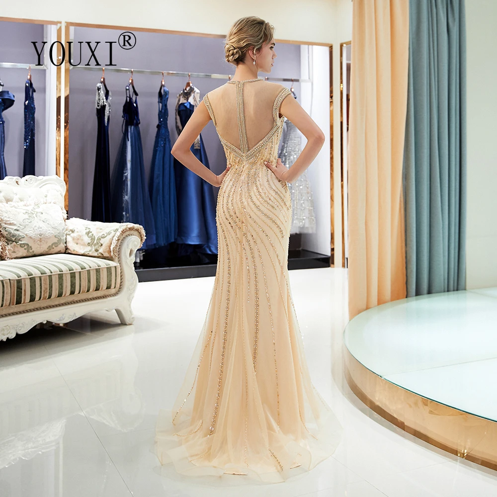 Золотые вечерние платья Длинные Русалочка Дубай Роскошные Бисерные Жемчужины Кристаллы Сексуальные Прозрачные иллюзии Официальное платье Abendkleider.