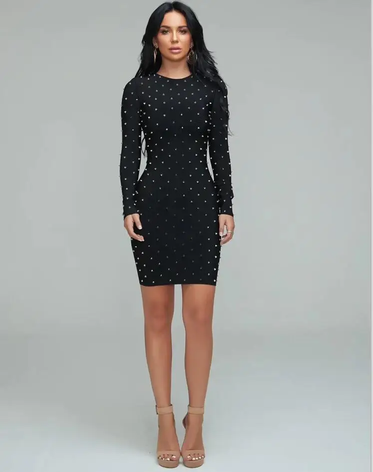 Женское платье с длинным рукавом зимнее черное из вискозы заклепками 2019|Женские