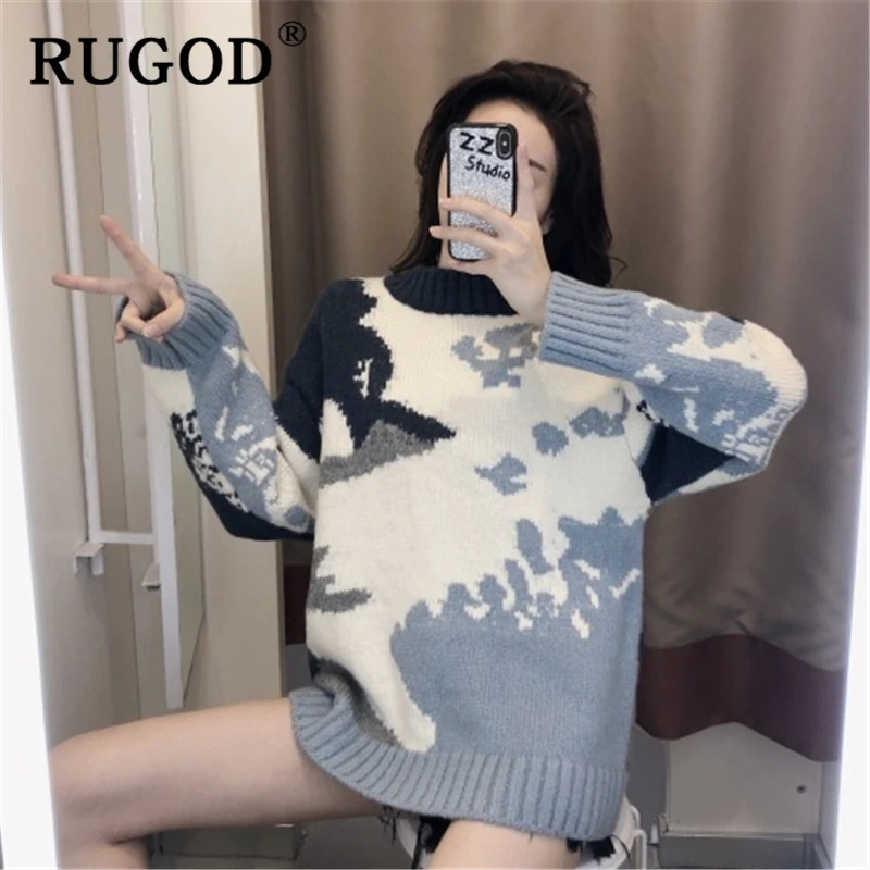 RUGOD элегантный женский свитер с принтом модный круглый вырез длинный рукав
