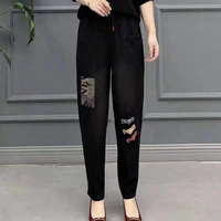 mom jeans woman high waist denim black pants appliques pattern vintage jeans denim trousers elastic waist y2k black jeans wide
