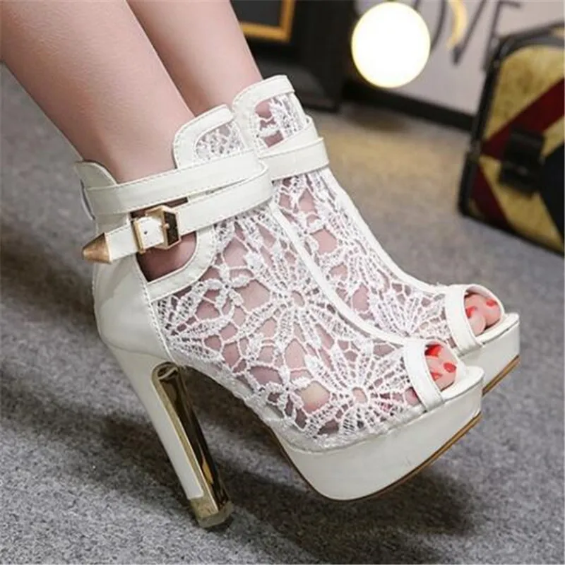 

Модные босоножки с открытым носком пикантные женские туфли-лодочки на платформе туфли на высоком толстом каблуке с кружевным плетением бот...