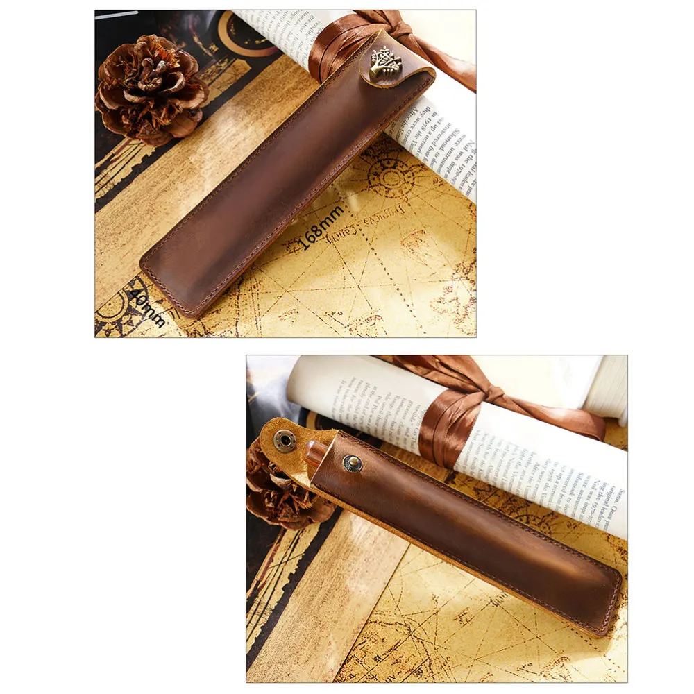 

Genuine Leather Pen Pouch Holder Single Pencil Bag Pen Case with Snap Button for Rollerball Fountain Ballpoint Pen (Brown)