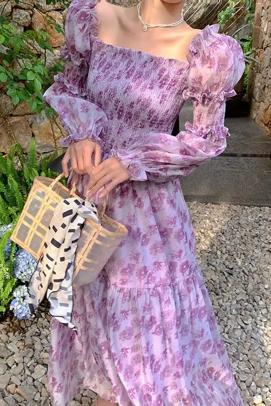 

COIGARSAM Women Dress Summer 2021 Beach Style Vintage High Waist Lavender Dresses Robe Traf