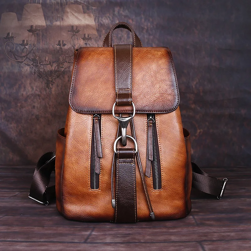 

2021 Retro Genuine Leather Bagpack Women First Layer Cowhide Travel Backpack with Strap Buckle Large Capacity Bag Mochilas Mujer