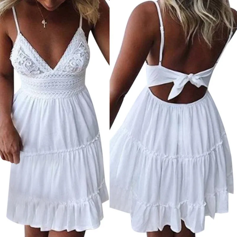 Женское пляжное платье в стиле бохо сексуальное мини Кружевное белое Клубное