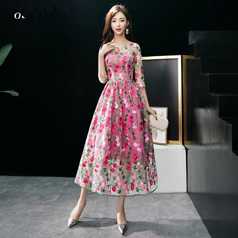 

Fancy Lace Dresses For Wedding Party Elegant O-neck A-line Tea-length Pink Floral Evening Dresses Long