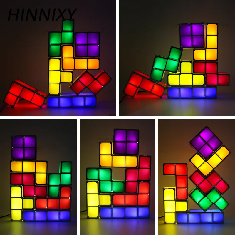 Новинка Hinnixy Tetris Puzzle Light Стекируемый светодиодный прикроватный декор для детей освещение 3D Ретро игра башня лампа красочный кирпич DIY игрушки
