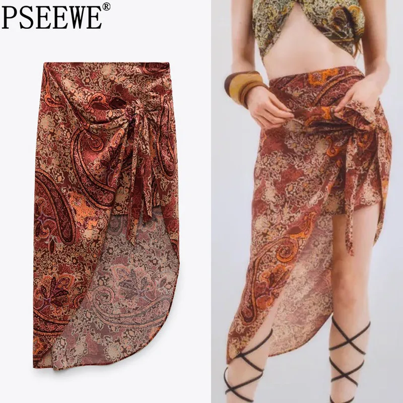 

Юбка PSEEWE Za Женская с принтом, длинная винтажная юбка с запахом, с узлом, асимметричный подол, Пляжная, лето 2021