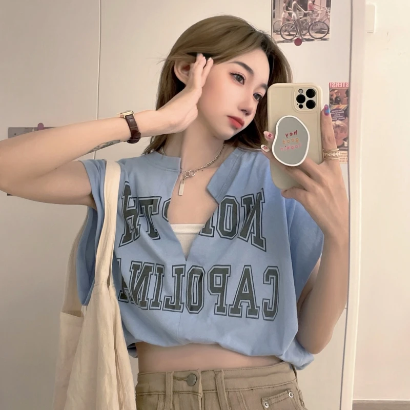 

Женская Корейская Свободная Повседневная Футболка Harajuku с принтом ленивых букв, женские футболки, топы, японская кавайная одежда Ulzzang для же...