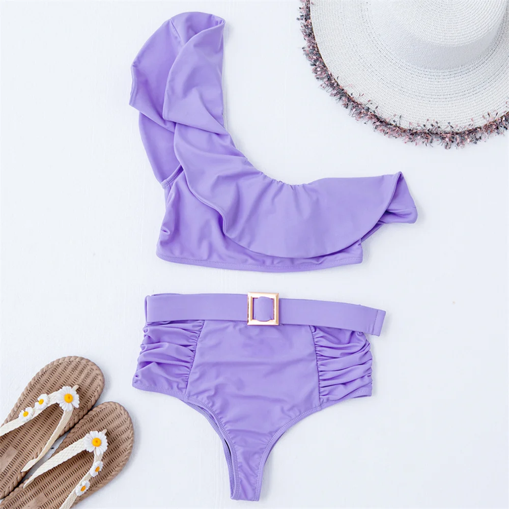 

Purple Ruffle Women's Two-Pieces Swimsuit Sexy High Waist Bikini Push Up Bra One Shoulder Bodysuit Beachwear Swimwear Bath Suit