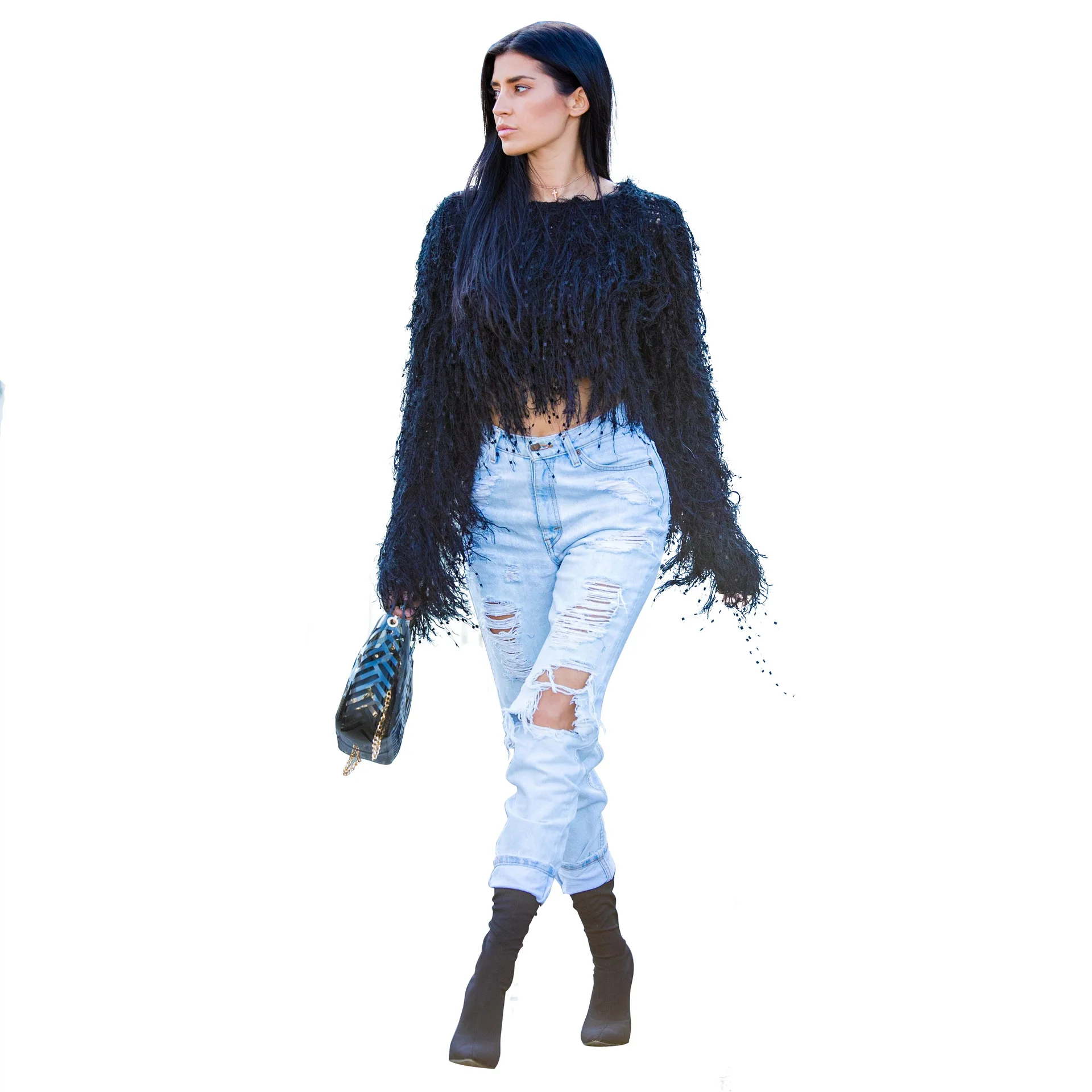 

Sweaters For Women Fashion Winter Ladies Handmade Tassel Knitted Pullover Sweater Sexy Knitted Short Tops