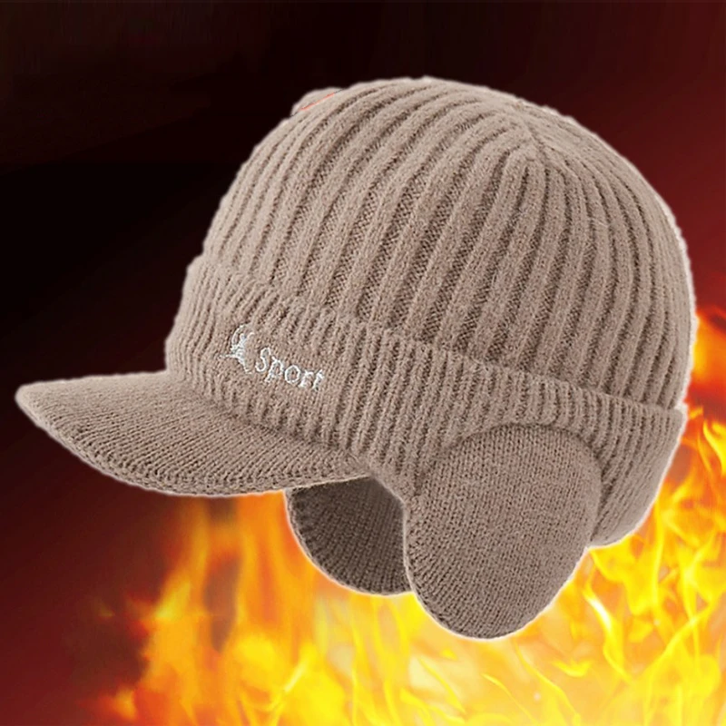 

Men Winter Knitted Ear Protection Cap Think Wool Beanies Bonnet Snapback Cap Short Brim Hat Outdoor Cycling Plush Keep Warm Hat