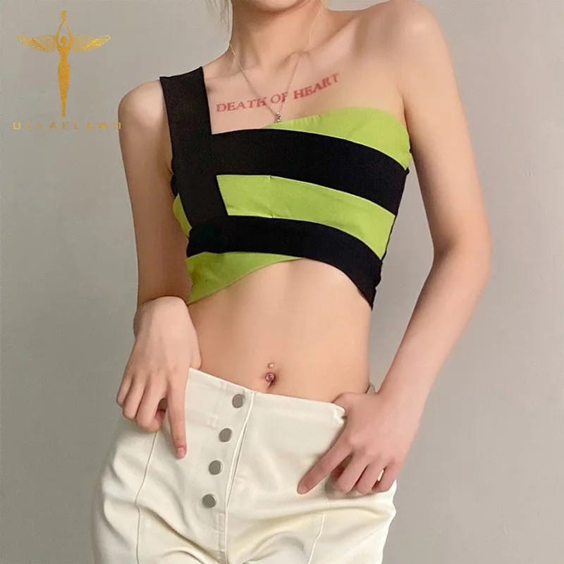 

Green Patchwork Camis Womens Crop Tank Sexy One-Shoulder Tank Vests Harajuku Summer Hollow Vest Tops Bodycon Slim Crop Top Femme