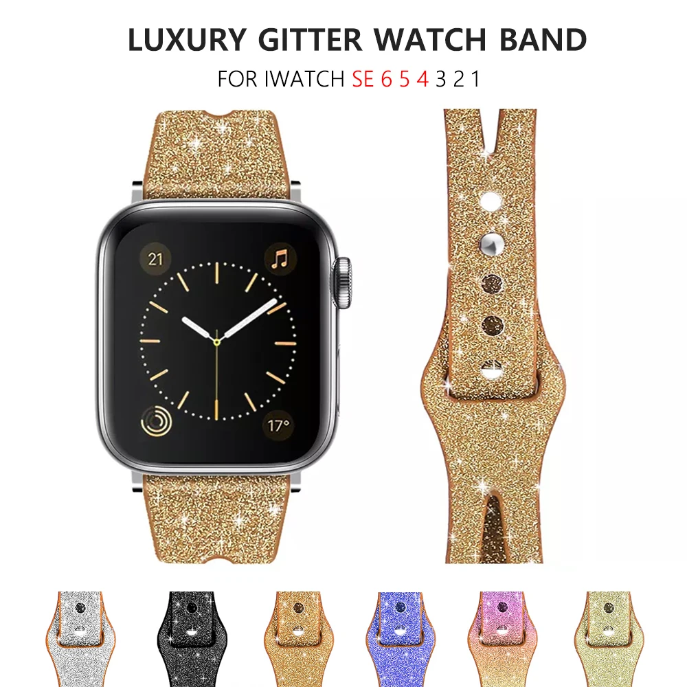 

Women's Leather Band For Apple Watch SE 654 40mm44mm Shiny Bling Diamond Bracelet Strap on Smartwatch iWatch Series 321 38mm42mm