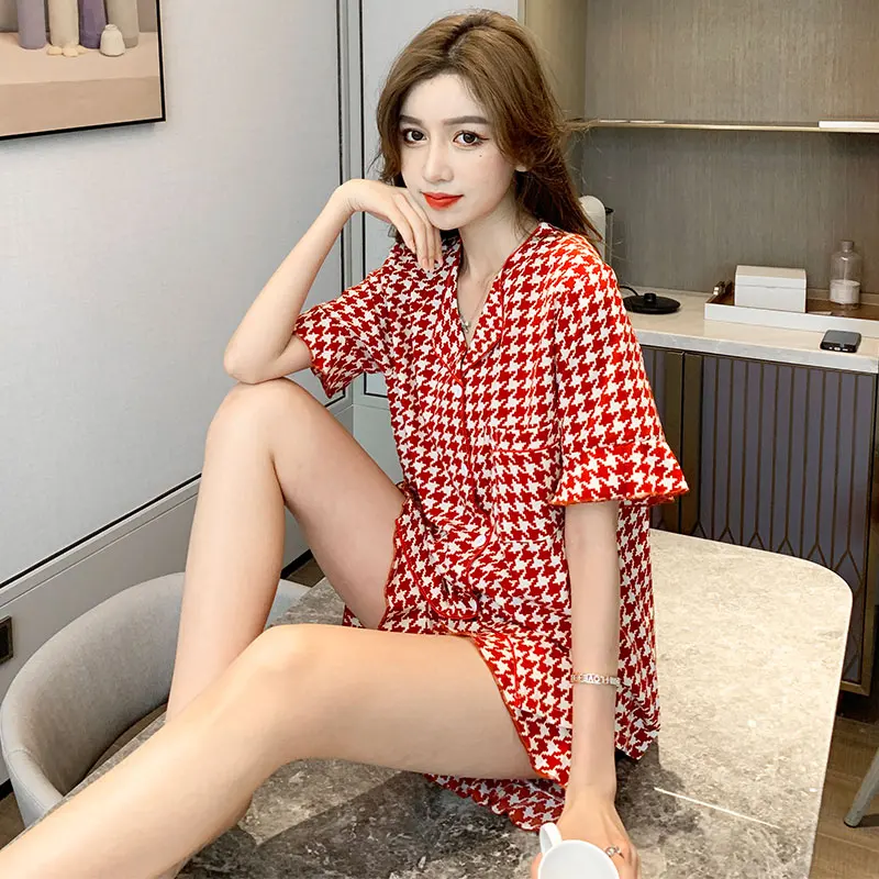 

Pajamas Women Summer Short-sleeved Ice Silk Sleepwear Cute Houndstooth Piajmas Spring And Autumn Home Cloyhes Two-piece Set