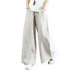 Брюки женские с широкими штанинами, повседневные однотонные широкие штаны с завышенной талией, с карманами, свободные длинные брюки-клеш, льняные штаны