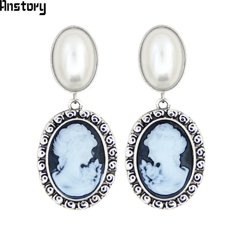 Oval Pearl Earrings Stud For Women Lady Queen Cameo Vintage Look Antique Silver Plated Fashion Jewelry TE492 | Украшения и