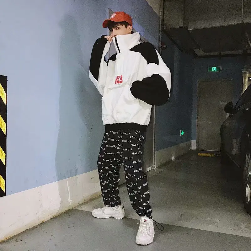 Женская Осенняя свободная толстовка на молнии бархатная черно-белая с длинным