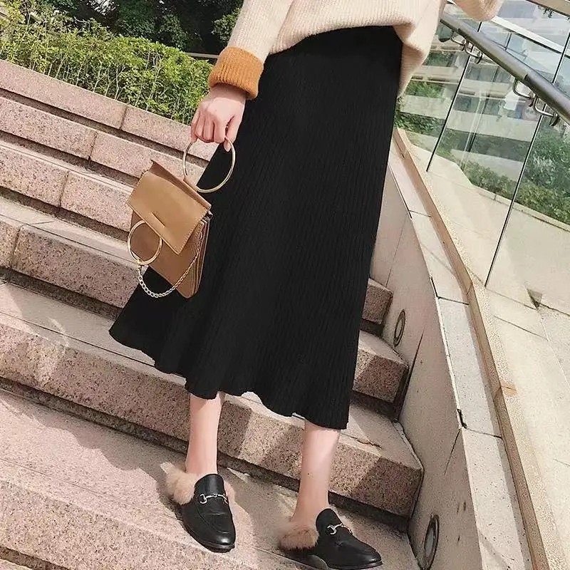 Elegant Midi Pleated Knitted Skirt Women Autumn Winter Korean A Line High Waist Sweater Skirts Female Ladies Grey Black Khaki | Женская