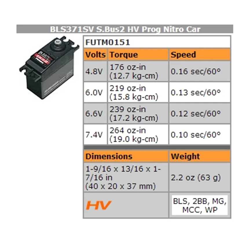 Высоковольтный бесщеточный Стандартный цифровой сервопривод Futaba BLS371SV S.Bus2 HV