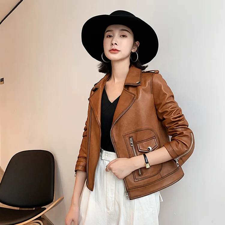Новая кожаная куртка для женщин на весну и осень короткая мотоциклетная в стиле