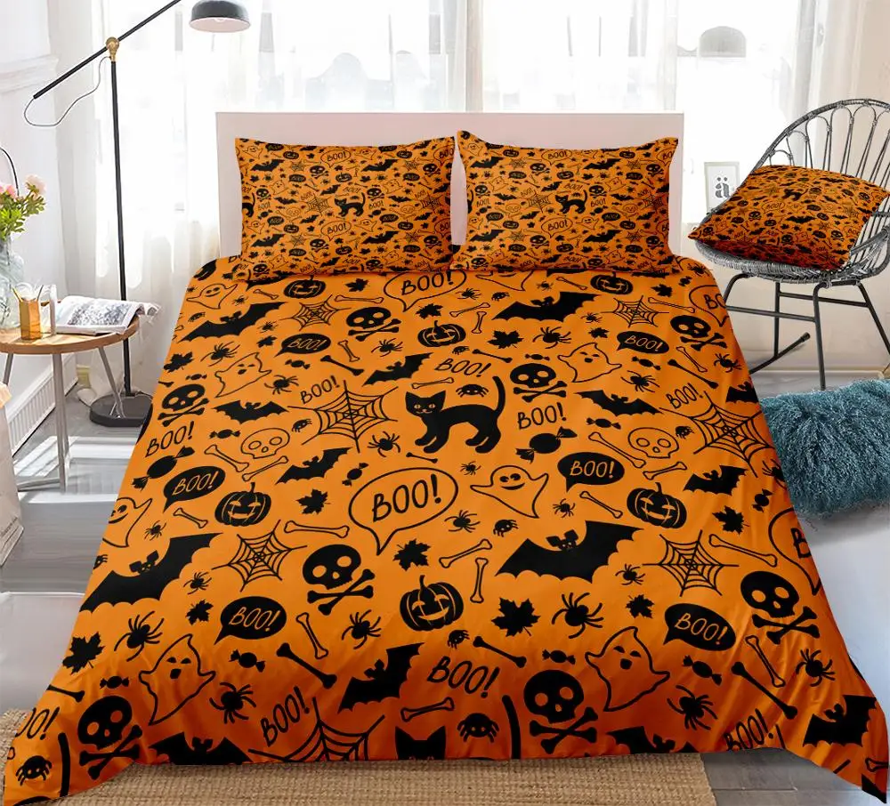 3 шт., Комплект постельного белья на Хэллоуин, оранжевое одеяло, пододеяльник с черепом, пододеяльник, набор постельного белья с изображением Человека-паука для мальчиков и девочек