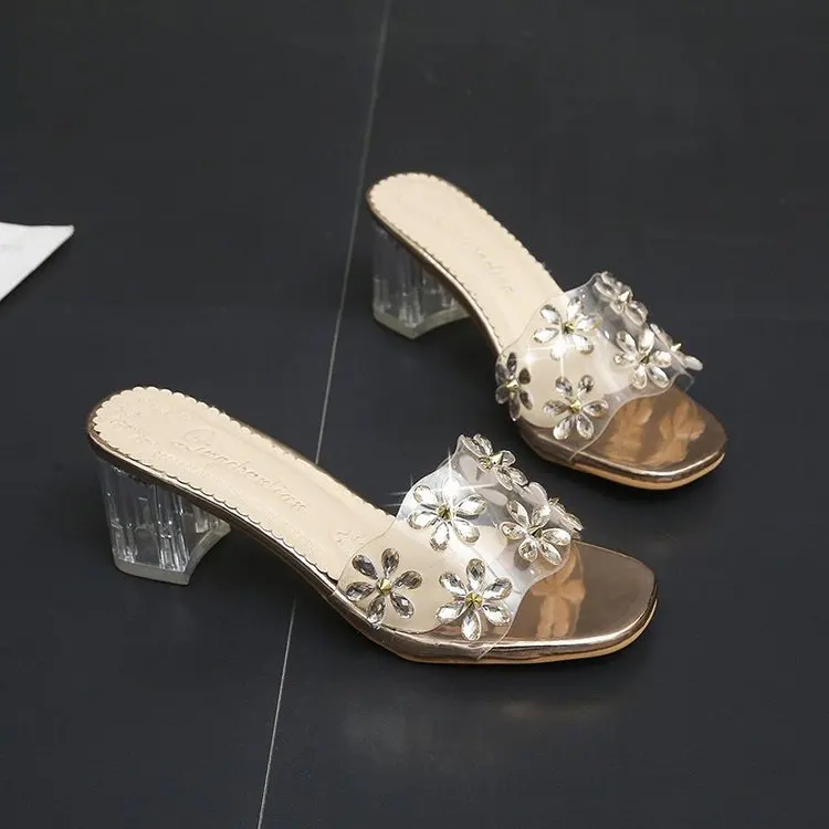 

Шлепанцы женские прозрачные на высоком квадратном каблуке, летняя обувь с бусинами, с открытым носком