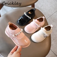 party pearl bow kids loafers shoes pu lather patchwork elegant shoes for children soft non slip hook loop girl princess shoes